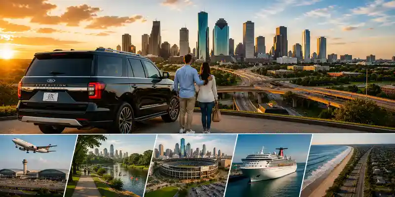 Houston skyline with luxury SUV, airport access, and highways highlighting the city as the perfect starting point for Texas travel.